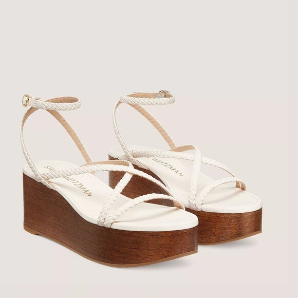495$ Stuart Weitzman Wovette Woven Leather Wood Wedge Sandals Size 10 US Ivory - Picture 3 of 4